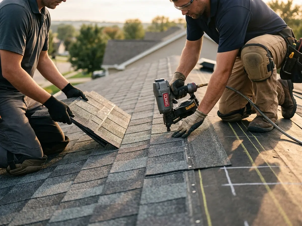 Professional roofer working on a residential roof in Elkins